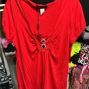 Chic Red Short Sleeve Top with Embellishments